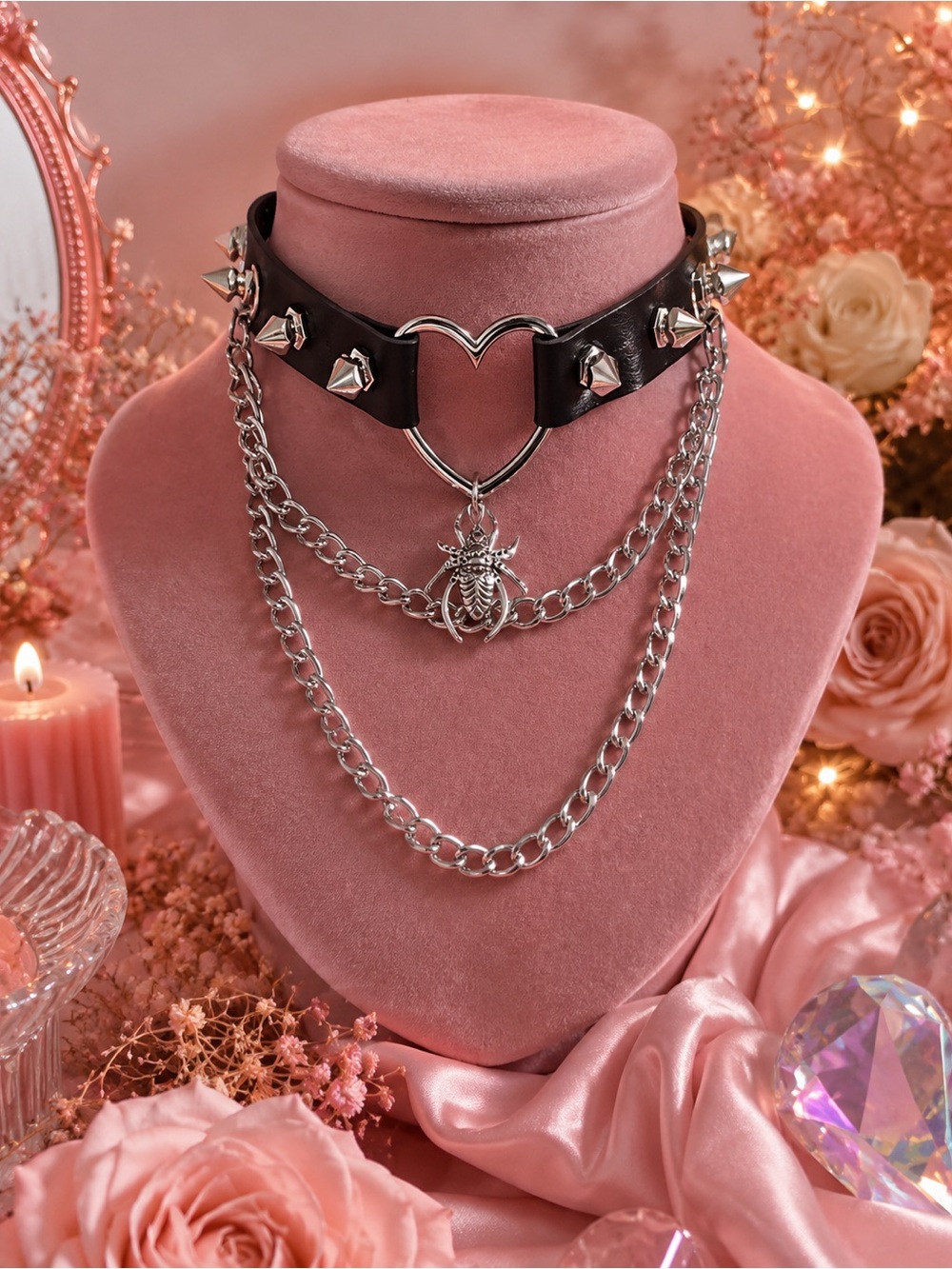 Black Heart Spike Choker Necklace with Silver Chains New